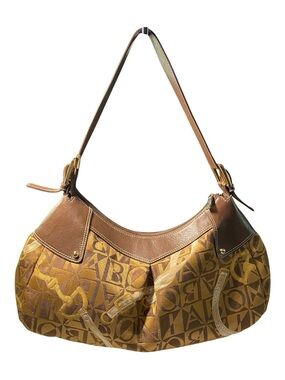 Vintage Bonia Monogram Hobo Shoulder Bag Brown Tan Fabric Leather Trim Slouchy